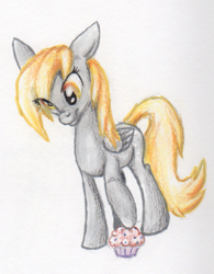 Size: 495x633 | Tagged: safe, artist:benrusk, derpy hooves, pegasus, pony, female, mare, muffin, solo, traditional art