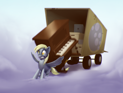 Size: 1600x1210 | Tagged: safe, artist:moonlitbrush, derpy hooves, pegasus, pony, comic:derpy deliveries, air wagon, cloud, cloudy, delivery, female, mare, oops my bad, piano, safe (object), scene interpretation, solo, spread wings, truck