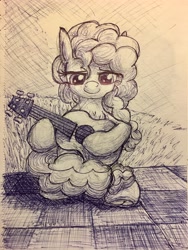 Size: 3024x4032 | Tagged: safe, artist:littlenaughtypony, pear butter, pony, the perfect pear, guitar, sketch, smiling, traditional art