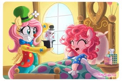 Size: 2571x1710 | Tagged: safe, artist:willisninety-six, angel bunny, fluttershy, pinkie pie, pegasus, pony, bed, bed mane, bipedal, blanket, card, caring for the sick, clothes, clown, clown makeup, clown nose, clown outfit, cold, costume, cute, eyes closed, flutterclown, friendshipping, grin, happy, hat, hilarious in hindsight, hoof hold, laughing, messy mane, open mouth, pajamas, shyabetes, sick, smiling, squee, tissue, tissue box, unamused, window