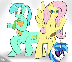 Size: 950x820 | Tagged: safe, artist:lamia, dj pon-3, fluttershy, lyra heartstrings, vinyl scratch, anthro, centaur, anthro centaur, carrot, catdog, centaurshy, conjoined, female, flail, food, fusion, hand, hilarious in hindsight, lesbian, lyrashy, pushmi-pullyu, shipping, wat, we have become one