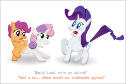 Size: 1094x731 | Tagged: safe, artist:ultrathehedgetoaster, rarity, scootaloo, sweetie belle, alicorn, pony, catdog, conjoined, dialogue, fusion, hedgetoaster hybrid, pushmi-pullyu, simple background, we have become one, what has science done, white background