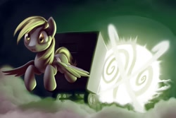 Size: 1095x730 | Tagged: safe, artist:moonlitbrush, derpy hooves, ditzy doo, pegasus, pony, comic:derpy deliveries, fallout equestria, air wagon, balefire bomb, cloudsdale, female, implied death, mare, megaspell, solo