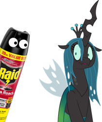 Size: 2839x3387 | Tagged: safe, artist:wispy tuft, derpibooru exclusive, queen chrysalis, changeling, changeling queen, bug spray, female, floppy ears, frown, googly eyes, nervous, png, quadrupedal, raid, scared, simple background, spooked, this will end in tears, transparent background, wide eyes, worried