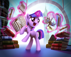 Size: 1024x819 | Tagged: safe, artist:moonlitbrush, smarty pants, twilight sparkle, book, cute, filly, filly twilight sparkle, happy, magic, rearing, solo, telekinesis, twiabetes