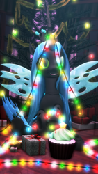 Size: 1080x1920 | Tagged: safe, artist:feuerrader-nmm, queen chrysalis, changeling, changeling queen, 3d, christmas, christmas changeling, christmas lights, cupcake, food, holiday, present, solo