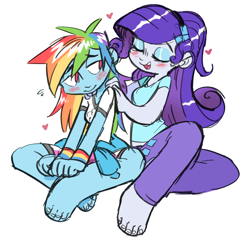 Size: 1420x1386 | Tagged: safe, artist:xenon, derpibooru import, rainbow dash, rarity, equestria girls, alternate costumes, barefoot, blushing, clothes, eyes closed, feet, female, heart, lesbian, long hair, massage, open mouth, raridash, shipping, simple background, sitting, smiling, toes, white background