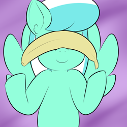 Size: 800x800 | Tagged: safe, artist:lamia, skyra, pegasus, pony, abstract background, ask skyra and bons away, banana, female, food, mare, smiling, solo, these aren't my glasses