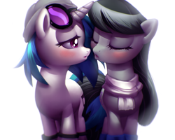 Size: 900x720 | Tagged: safe, artist:moonlitbrush, dj pon-3, octavia melody, vinyl scratch, earth pony, pony, unicorn, fanfic:university days, :o, beanie, bedroom eyes, blushing, boots, clothes, eyes closed, female, hat, imminent kissing, intertwined tails, lesbian, lips, mare, scarf, scratchtavia, shipping