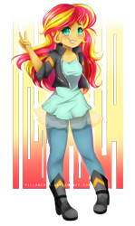 Size: 2377x3996 | Tagged: safe, artist:pillonchou, sunset shimmer, human, equestria girls, blushing, boots, clothes, cute, green eyes, jacket, leather jacket, lipstick, pants, shimmerbetes, shoes, smiling, solo