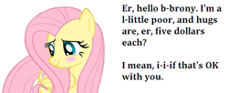 Size: 501x204 | Tagged: safe, fluttershy, pegasus, pony, blushing, bronybait, cute, hug, solo, text