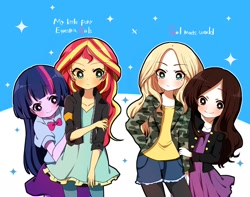 Size: 1446x1141 | Tagged: safe, artist:lotte, sunset shimmer, twilight sparkle, equestria girls, blushing, crossover, cute, disney, girl meets world, humanized, maya hart, riley matthews