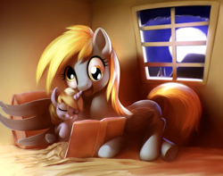 Size: 1024x805 | Tagged: safe, artist:moonlitbrush, derpy hooves, dinky hooves, pegasus, pony, bed, book, cute, derpabetes, dinkabetes, equestria's best mother, female, mare, night, read, reading