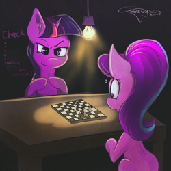 Size: 1200x1200 | Tagged: safe, artist:ferasor, starlight glimmer, twilight sparkle, twilight sparkle (alicorn), alicorn, pony, unicorn, atg 2017, checkmate, chess, chessboard, duo, light bulb, newbie artist training grounds, signature