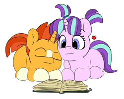 Size: 8234x6595 | Tagged: safe, artist:pabbley, starlight glimmer, sunburst, pony, unicorn, absurd resolution, colt, colt sunburst, cute, eyes closed, female, filly, filly starlight glimmer, glimmerbetes, heart, male, reading, shipping, simple background, snuggling, starburst, straight, sunbetes, white background, younger