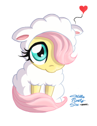 Size: 1280x1666 | Tagged: safe, artist:willisninety-six, fluttershy, pegasus, pony, sheep, :i, animal, clothes, costume, cute, filly, fluttersheep, hair over one eye, heart, hnnng, looking at you, shyabetes, simple background, sitting, smiling, solo, transparent background, weapons-grade cute