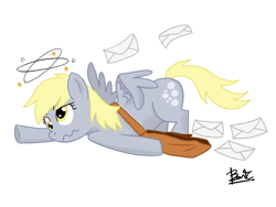 Size: 1024x768 | Tagged: safe, artist:benkomilk, derpy hooves, pegasus, pony, circling stars, dizzy, female, letter, mail, mailbag, mare, solo