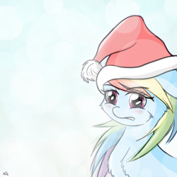 Size: 6000x6000 | Tagged: safe, artist:maneingreen, derpibooru import, rainbow dash, pegasus, pony, absurd resolution, blushing, cheek fluff, chest fluff, christmas, fluffy, hat, holiday, santa hat, snow