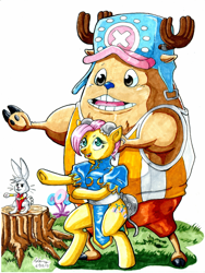 Size: 902x1200 | Tagged: safe, artist:irie-mangastudios, angel bunny, fluttershy, chun li, cosplay, crossover, kung fu, one piece, street fighter, tony tony chopper, traditional art, training