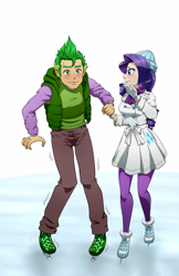 Size: 1200x1854 | Tagged: safe, artist:pia-sama, rarity, spike, human, blushing, female, humanized, ice skating, light skin, male, shipping, sparity, straight