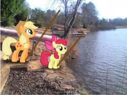 Size: 2048x1536 | Tagged: safe, artist:tokkazutara1164, apple bloom, applejack, earth pony, pony, fishing, pier, poles, pond, ponies in real life, steps, water