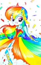 Size: 2120x3340 | Tagged: safe, artist:liaaqila, derpibooru import, rainbow dash, equestria girls, clothes, dress, gala dress, multicolored hair, smiling, solo, traditional art