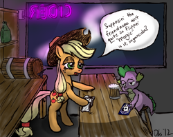 Size: 1024x815 | Tagged: safe, artist:obsequiosity, applejack, rarity, spike, dragon, earth pony, pony, unicorn, bar, bipedal, dialogue, female, friendzone, male, mare, speech bubble, working