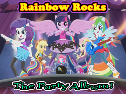 Size: 962x720 | Tagged: safe, derpibooru import, applejack, fluttershy, pinkie pie, rainbow dash, rarity, twilight sparkle, equestria girls, perfect day for fun, rainbow rocks, bass guitar, drums, guitar, keytar, logo, mane six, microphone, music reference, musical instrument, ponied up, reference, singing, tambourine, the party album, vengaboys