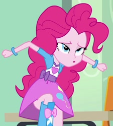 Size: 784x873 | Tagged: safe, screencap, pinkie pie, equestria girls, equestria girls (movie), :o, balloon, boots, bracelet, clothes, high heel boots, lidded eyes, raised leg, schrödinger's pantsu, sideass, skirt, solo, upskirt