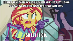 Size: 800x450 | Tagged: safe, edit, edited screencap, screencap, sci-twi, sunset shimmer, twilight sparkle, equestria girls, friendship games, caption, frozen (movie), image macro, irony, let it go, meme, pun, quote, self deprecation, sunset yells at twilight, zootopia