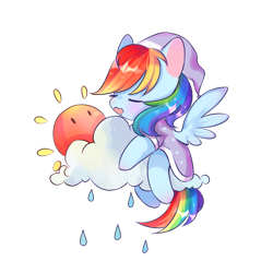 Size: 1515x1515 | Tagged: safe, artist:nitrogenowo, derpibooru import, rainbow dash, pegasus, pony, cap, clothes, cloud, dress, gown, hat, rain, simple background, sleeping, solo, sun, transparent background