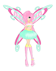 Size: 3200x4092 | Tagged: safe, artist:iikiui, fluttershy, belly button, clothes, fairy, fairy wings, humanized, magic winx, midriff, skinny, skirt, solo, wings, winx club, winxified