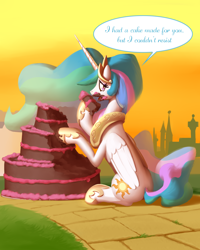 Size: 1600x2000 | Tagged: safe, artist:moonlitbrush, princess celestia, alicorn, pony, but i eated it, cake, cakelestia, cute, cutelestia, dialogue, eating, female, frown, guilt, looking at you, looking back, mare, messy eating, open mouth, sad, sitting, solo, speech bubble