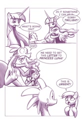 Size: 727x1100 | Tagged: safe, artist:moonlitbrush, derpy hooves, doctor whooves, rarity, spike, twilight sparkle, twilight sparkle (alicorn), alicorn, dragon, pony, unicorn, comic:unintentionally spreading happiness, cute, cute face, female, mare, monochrome