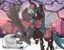Size: 1011x790 | Tagged: safe, queen chrysalis, oc, oc:black t0rnado, changeling, changeling queen, pegasus, pony, canon x oc, christmas, christmas changeling, city, cityscape, clothes, holiday, holly, holly mistaken for mistletoe, love, scarf, surprised, tree, winter