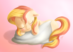 Size: 1024x727 | Tagged: safe, artist:zetamad, sunset shimmer, pony, unicorn, blushing, cute, daaaaaaaaaaaw, eyes closed, filly, filly sunset shimmer, pillow, prone, shimmerbetes, sleeping, solo, weapons-grade cute, younger