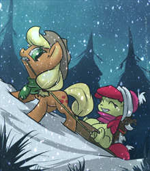 Size: 1058x1200 | Tagged: safe, artist:atryl, apple bloom, applejack, winona, dog, earth pony, pony, 30 minute art challenge, clothes, eyes closed, female, filly, hat, mare, open mouth, scarf, sisters, sled, smiling, snow, snowfall, tongue out, winter