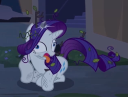 Size: 941x715 | Tagged: safe, rarity, pony, unicorn, castle mane-ia, derp, leaves, rock, solo, tongue out