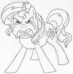 Size: 1695x1728 | Tagged: safe, artist:sugar-loop, sunset shimmer, pony, equestria girls, angry, crying, furious, looking at you, monochrome, newbie artist training grounds, open mouth, solo, traditional art