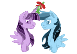 Size: 1024x724 | Tagged: safe, artist:aurasinchaser, derpibooru import, rainbow dash, twilight sparkle, twilight sparkle (alicorn), alicorn, pegasus, pony, christmas, female, holiday, lesbian, mistletoe, shipping, twidash