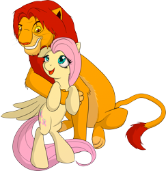 Size: 1607x1650 | Tagged: safe, artist:xonxt, fluttershy, big cat, lion, pegasus, pony, crossover, hug, simba, the lion king