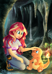 Size: 1400x2000 | Tagged: safe, artist:daughter-of-fantasy, sunset shimmer, equestria girls, cave, charmander, crossover, mushroom, pokémon, waterfall