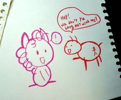 Size: 626x518 | Tagged: safe, pinkie pie, earth pony, pony, dialogue, doodle, female, jumped-out-pinkieanswers, mare, photo