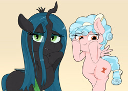 Size: 3900x2772 | Tagged: dead source, safe, artist:blitzyflair, cozy glow, queen chrysalis, changeling, changeling queen, pegasus, pony, cozybetes, cute, cutealis, female, filly, golly, simple background