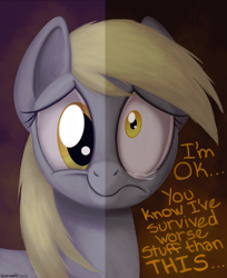 Size: 654x800 | Tagged: safe, artist:julianwilbury, derpy hooves, pegasus, pony, crying, depressed, depression, duality, female, frown, mare, sad, shrunken pupils, solo, two sided posters, wide eyes