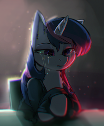 Size: 1072x1296 | Tagged: safe, artist:lunarmarshmallow, twilight sparkle, pony, unicorn, chair, chromatic aberration, clothes, crying, female, hoodie, mare, sad, sitting, solo, table