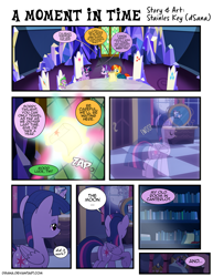 Size: 1275x1650 | Tagged: safe, artist:dsana, spike, starlight glimmer, sunburst, twilight sparkle, twilight sparkle (alicorn), alicorn, dragon, pony, comic:a moment in time, comic, female, filly, filly twilight sparkle, magic, map room, mare in the moon, moon, scroll, sleeping, throne room, time travel, twilight's canterlot home, younger