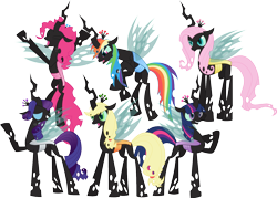 Size: 1612x1151 | Tagged: safe, artist:kaylathehedgehog, derpibooru import, applejack, fluttershy, pinkie pie, rainbow dash, rarity, twilight sparkle, twilight sparkle (alicorn), alicorn, changeling, changeling queen, fanfic:changelings of harmony, fanfic:six queens, blue changeling, changeling mane six, changeling six, changelingified, dashling, fanfic art, female, flutterling, mane six, orange changeling, pink changeling, purple changeling, queen applejack, queen fluttershy, queen pinkie, queen pinkie pie, queen rainbow, queen rainbow dash, queen rarity, queen twilight, species swap, white changeling, xk-class end-of-the-world scenario, yellow changeling