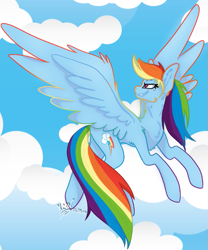 Size: 663x795 | Tagged: safe, artist:x3nv, derpibooru import, rainbow dash, pegasus, pony, cloud, female, flying, mare, solo, spread wings, wings