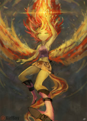 Size: 1143x1600 | Tagged: safe, artist:girlsay, sunset shimmer, human, equestria girls, armpits, boots, clothes, fiery shimmer, fire, glowing hands, halter top, humanized, midriff, miniskirt, patreon, patreon logo, skirt, solo, sunset phoenix, tailed humanization, winged humanization